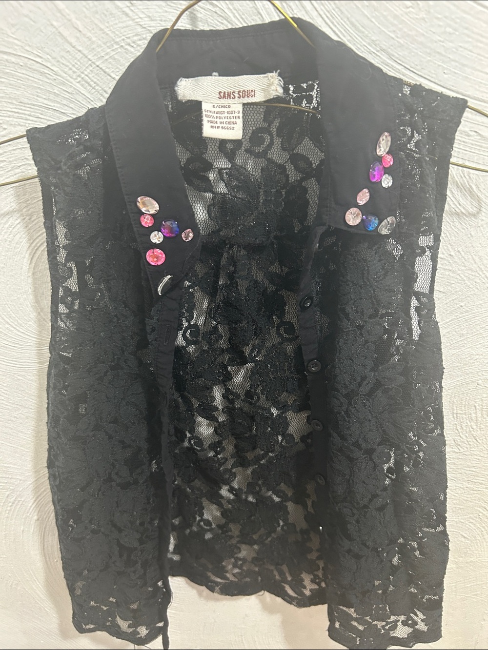 Sans Souci Black Lace Sleeveless Button-Up with Jeweled Collar